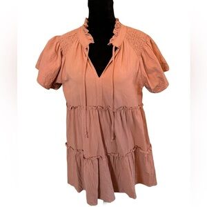 Dusty pink gauze feel 3 tier dress with butterfly sleeve sz L